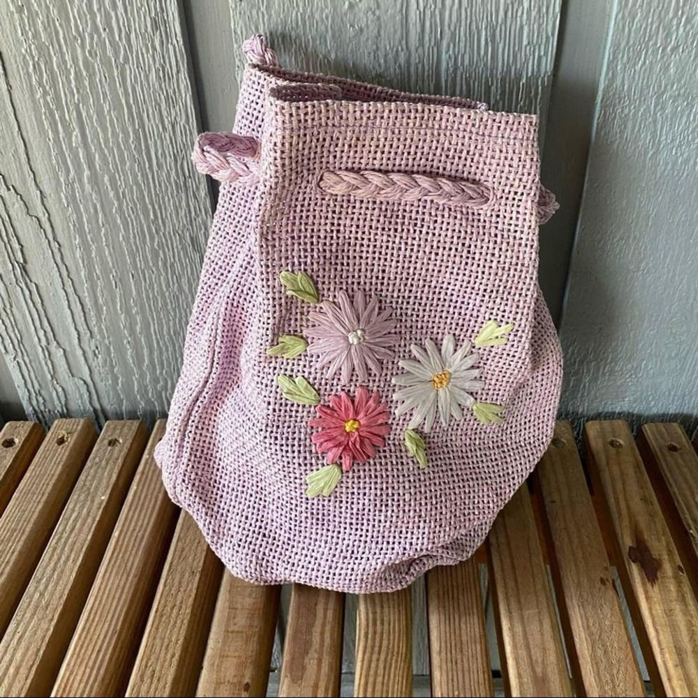 Retro Wicker Woven Floral Purple Bag Straw Rafe Raffia Boho Backpack Sack - Picture 2 of 4